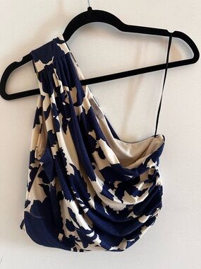 H&M Navy and Cream One-Shoulder Draped Top